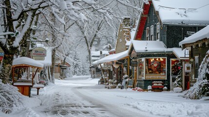 Charming Snowy Village on Groundhog Day with Festive Bakery and Decorated Shops