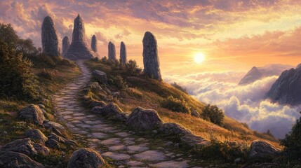 Path leading to temple bathed in misty sunset light ancient stones glowing as clouds gather overhead
