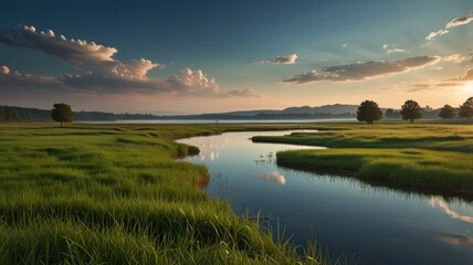 A calm lake bathed in the soft light of Dawn. Tall green grass swayed gently in the wind, framing calm water. The sky was painted in pink and orange, which bounced on the surface of the lake.