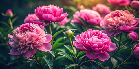 Depth of Field Peonies flowers on dark foliage nature background