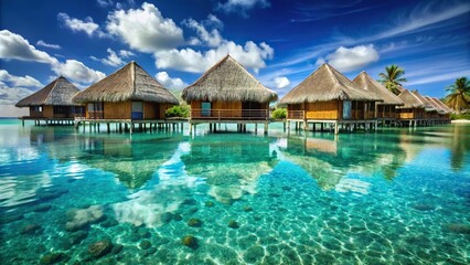 Obraz premium Thatched roof villas over crystal clear waters with low angle view