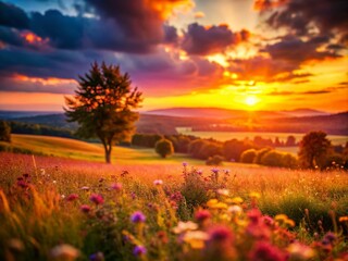 Obraz premium Scenic Sunset from a Refuge with Tilt-Shift Focus, Capturing Nature's Beauty and Serenity