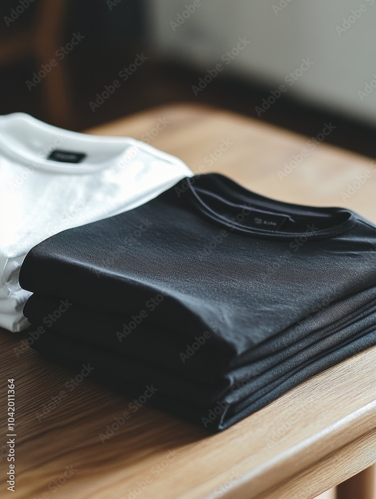 Aufkleber Minimalist sportswear is arranged neatly on a smooth table, emphasizing simplicity and functionality for active lifestyles. Generative AI