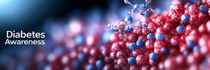 Close-up of abstract red and blue cells with digital pancreas and insulin for diabetes awareness