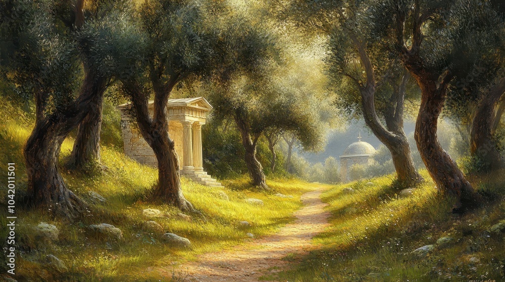 Sticker Path through tranquil olive grove leading to temple soft morning light highlighting greenery