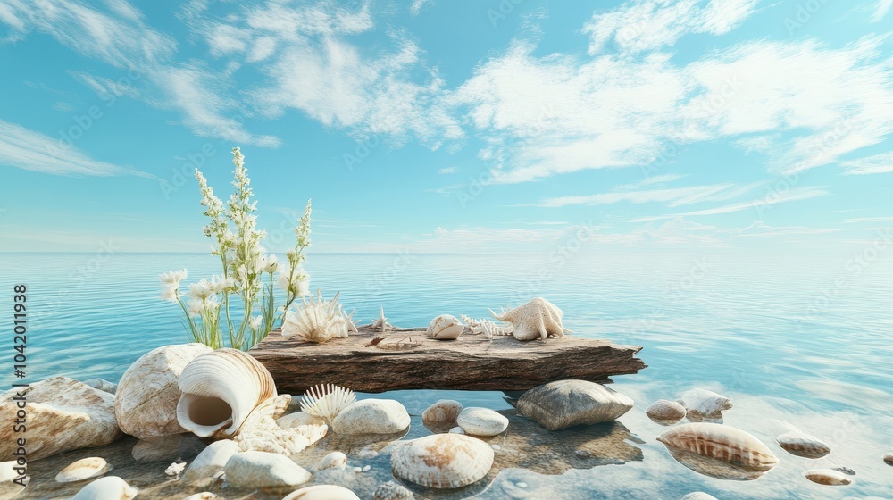 Poster Pebble altar with shells and driftwood facing a calm turquoise sea under a bright sky