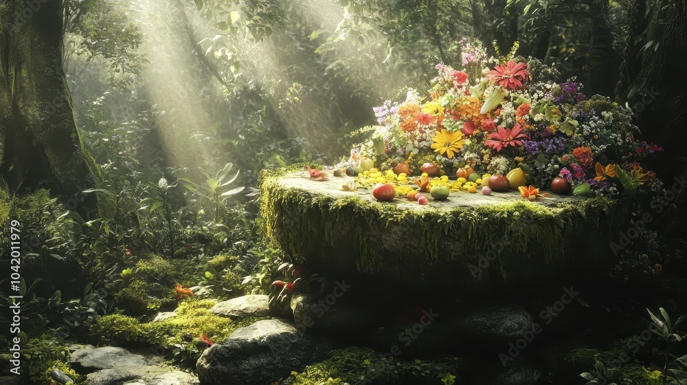 Canvas Prints A forest altar of stones and moss with flower and fruit offerings lit by soft sunlight