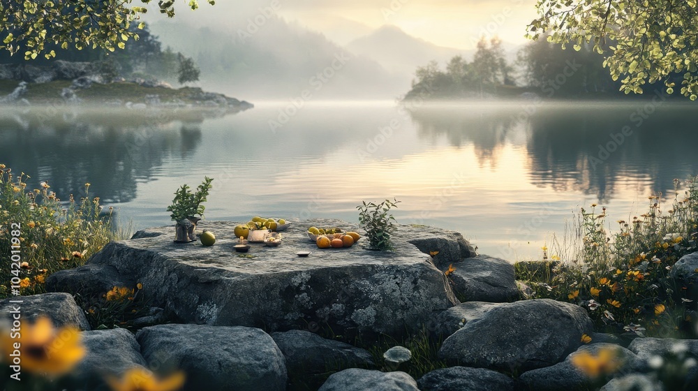 Poster Rocky altar by a serene lake with herbs and fruits dawn light and mist rising