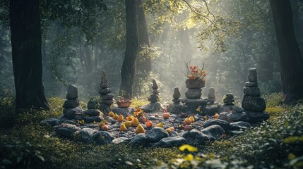 An altar of stones in a thick forest with offerings of fruits and herbs softly lit