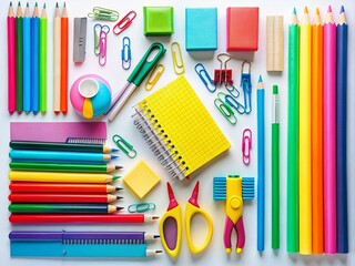 School and Office Supplies Collection on White Background for Creative Projects