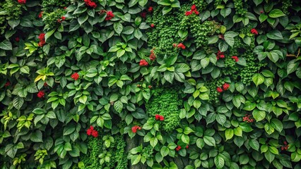 wall covered in large green leaves with tiny red flowers silhouette
