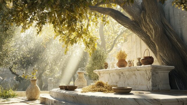 Ancient olive tree backdrop to a marble altar with offerings of wheat and ceramic vessels