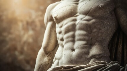 Marble statue close-up with detailed drapery and muscles illuminated by soft light
