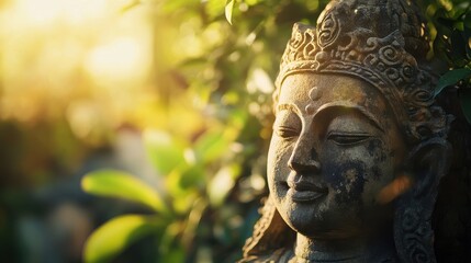 Obraz premium Close-up of a carved stone idol featuring detailed engravings set against soft greenery