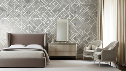 Charming bedroom featuring artistic wallpaper and elegant lighting elements