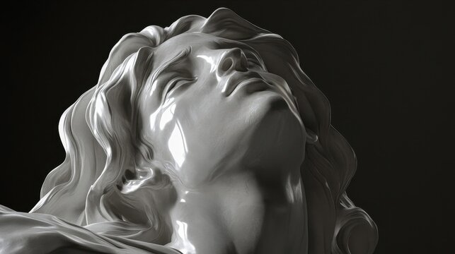 A Greek deity statue from a dramatic angle showing flowing hair and light reflecting details