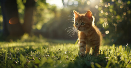Curious Orange Tabby Kitten Exploring Sunlit Garden in Morning Light