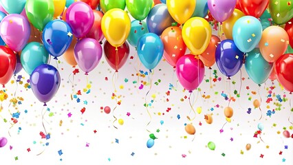 Colorful balloons and confetti border on birthday or white background