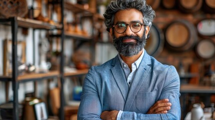 Fototapeta premium Portrait of a mature individual with stylish eyeglasses and neatly groomed gray hair standing confidently in a modern urban setting or workspace