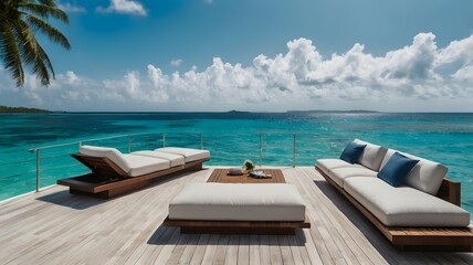 Luxury Yacht Docked on a Tropical Island Beach with Clear Blue Waters, Palm Trees, and Perfect Sky