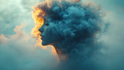 A surreal portrait of a contemplative figure with clouds emerging from their head, perfect for themes of mental health awareness, art exhibitions, and introspective design.