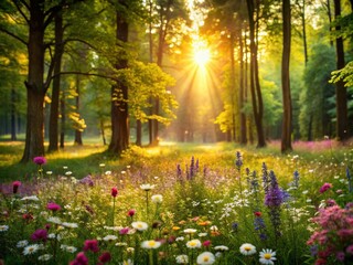 Obraz premium Serene Forest Clearing with Sunlight and Wildflowers - Tranquil Nature Scene for Relaxation and Inspiration