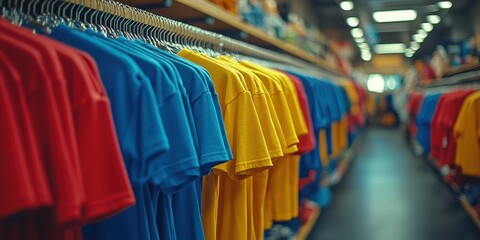 A brightly lit clothing store aisle showcases rows of hanging colorful t-shirts arranged neatly, with a focus on yellow and red garments in the foreground