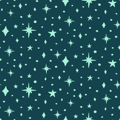 Teal seamless pattern with celestial motifs. Stars background. Monochrome boho wallpaper.