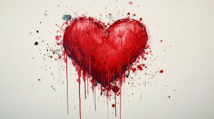 Heart drawn with red paint, splashes, blot and drops of red paint on paper