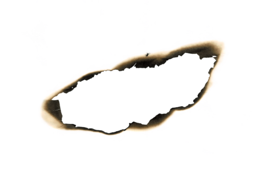 burned hole white paper background texture. Burn in paper with brown edges and flames isolated on a transparent background