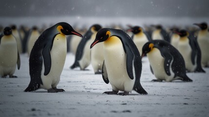 Obraz premium A lone emperor penguin stands on a snowy landscape, facing a large group of penguins in the distance. Snowflakes gently fall around the penguin, creating a soft, wintery atmosphere.