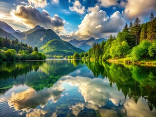 Fototapeta premium Serene Landscape Nature with Calm Lake Reflections for Tranquil Portrait Photography