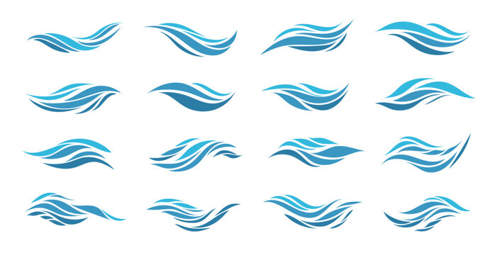 Set blue illustration on white background. Vector pattern. Art line ornament. Water Wave Logo abstract design