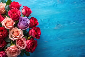 colorful blue background with vibrant pink and red roses