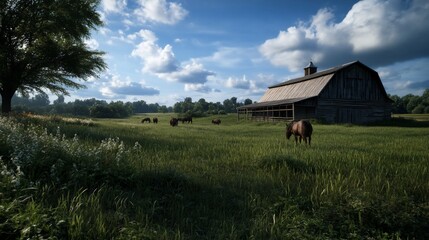 Obraz premium A rustic wooden barn stands in a grassy field with horses grazing in the foreground, under a blue sky with fluffy clouds.