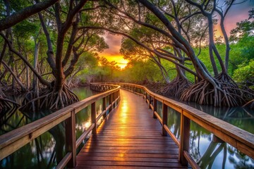 Fototapeta premium Serene Mangrove Wood Bridge at Dusk - Low Light Photography for Nature Lovers