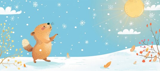 Playful Groundhog Day Card with Dancing Groundhog in Snowy Sunshine Scene