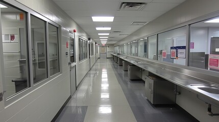 Obraz premium A modern laboratory hallway featuring large windows and reflective surfaces, symbolizing cleanliness and efficiency in a controlled scientific environment