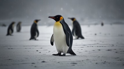 Obraz premium A lone emperor penguin stands on a snowy landscape, facing a large group of penguins in the distance. Snowflakes gently fall around the penguin, creating a soft, wintery atmosphere.