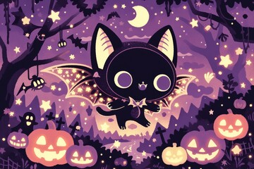 Cute Black Cat Flying With Wings at Night.