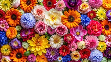 Colorful bouquet of blooming flowers with a reflective background
