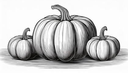 Black and white Fall pumpkins with leaves, Pumpkin illustration suitable for thanksgiving, Halloween, autumn, fall season design