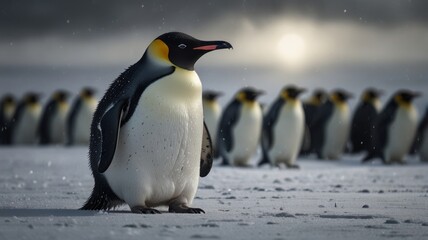 Obraz premium A lone emperor penguin stands on a snowy landscape, facing a large group of penguins in the distance. Snowflakes gently fall around the penguin, creating a soft, wintery atmosphere.