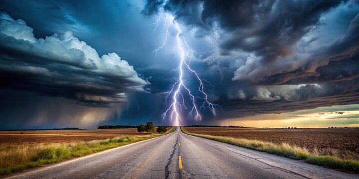 Wide-angle shot of a thunderstruck desert road at night with lightning in the sky