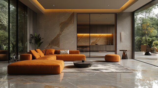 A living room with a large orange couch and a coffee table