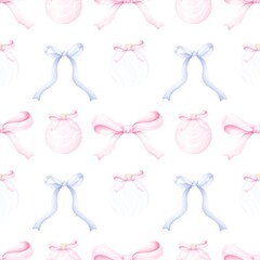 Festive pattern New Year’s balls and pastel  ribbon bow.Cute aesthetic watercolor  pattern  for Christmas and New Year.