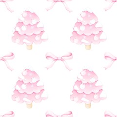 Pattern Christmas tree  and pastel  ribbon bow.Cute aesthetic watercolor  pattern  for Christmas and New Year.
