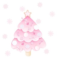 Christmas card pink Christmas tree. For fabric, packaging paper, scrapbooking.