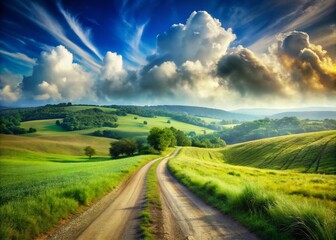 Obraz premium Serene Rural Landscape with Dirt Road, Rolling Hills, and Blue Sky - Nature Photography