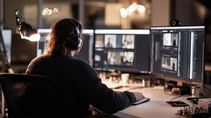 Video Editor Working Late in Dimly Lit Studio